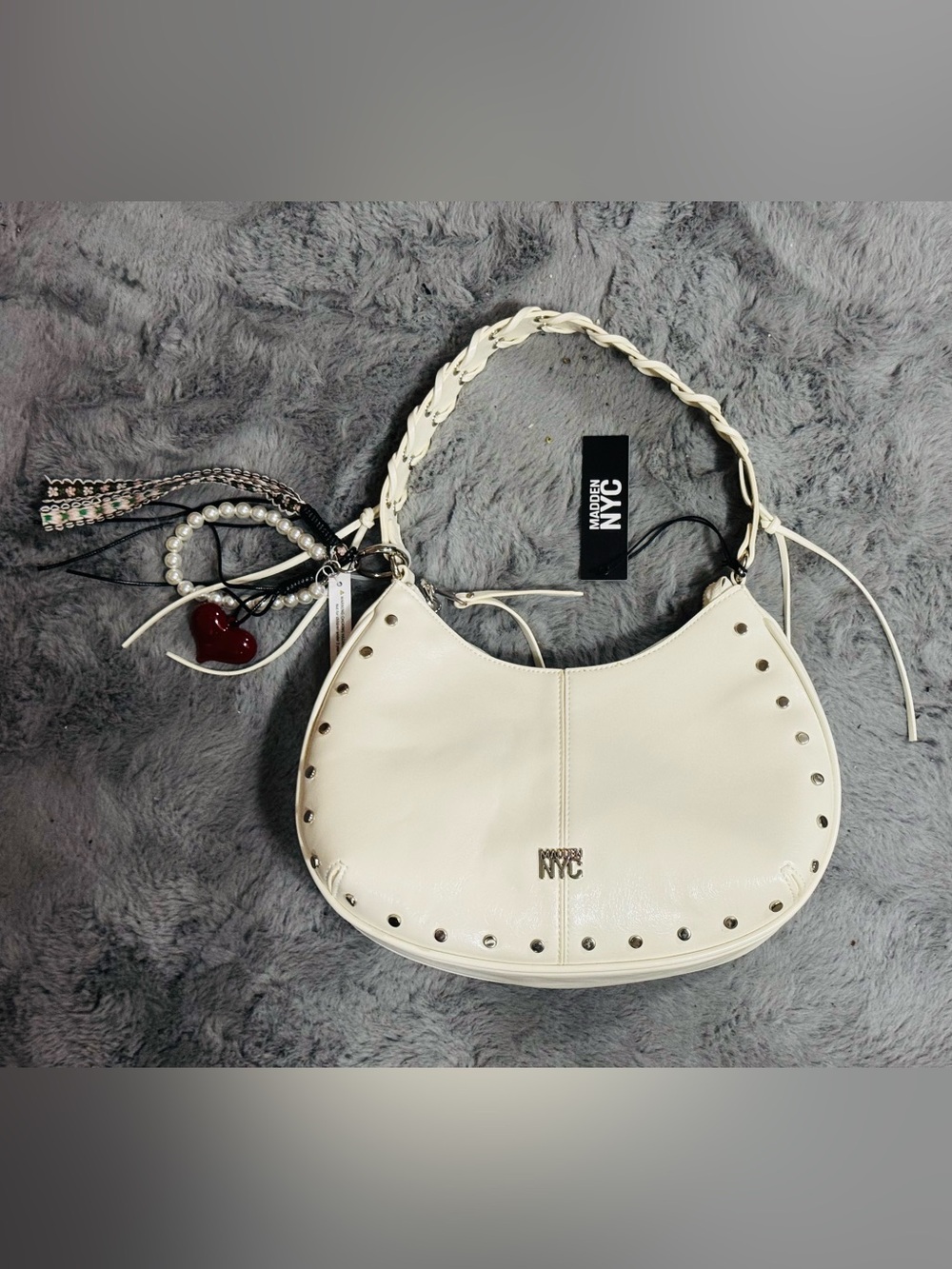 Steve Madden Cream Braided-Handle Hobo with Stud Accents Nueva